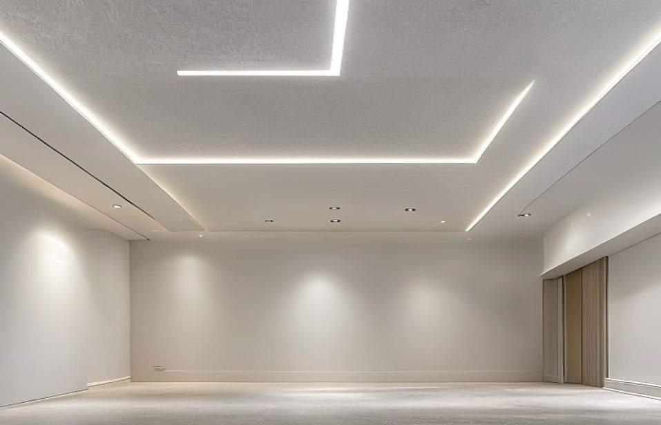 Detalle de pladur y techo con iluminación lineal en reforma